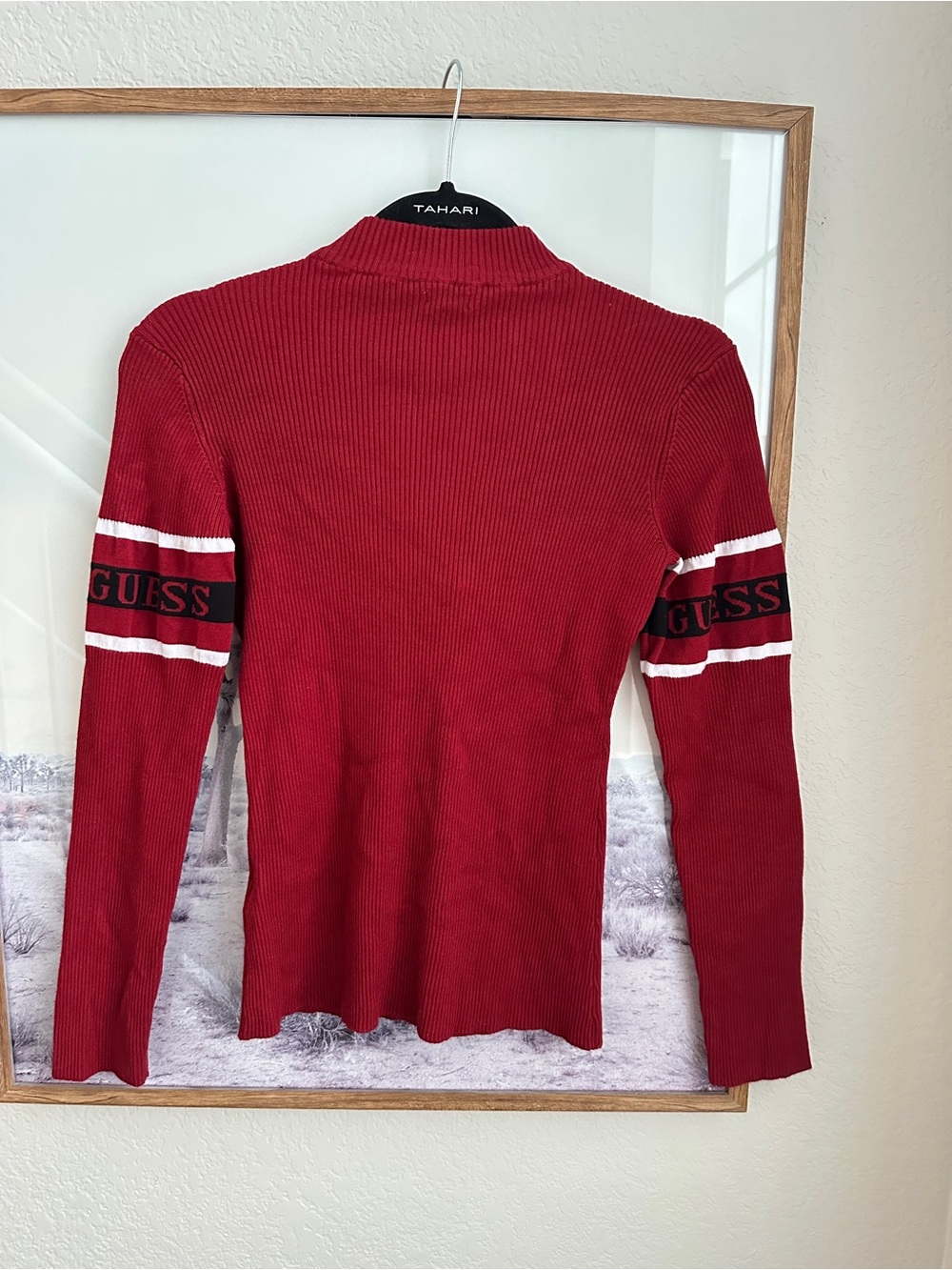 GUESS Los Angeles Women’s L Burgundy Ribbed Quarter Zip Logo Sweater Y2K - Picture 4 of 6